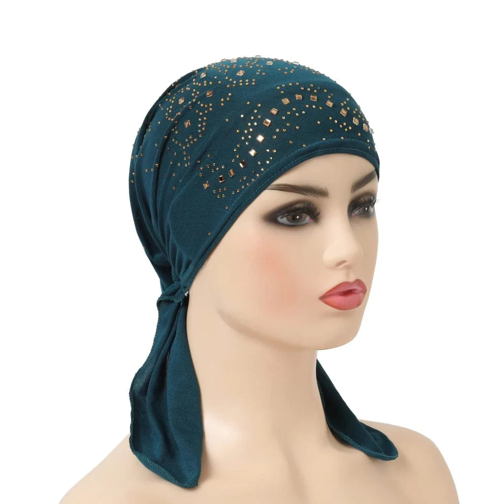 Stone-studded Dengnuoxian H088 Fashion Turban Hijab, Muslim headscarf with decorative stones and pull-on style, Islamic head covering.