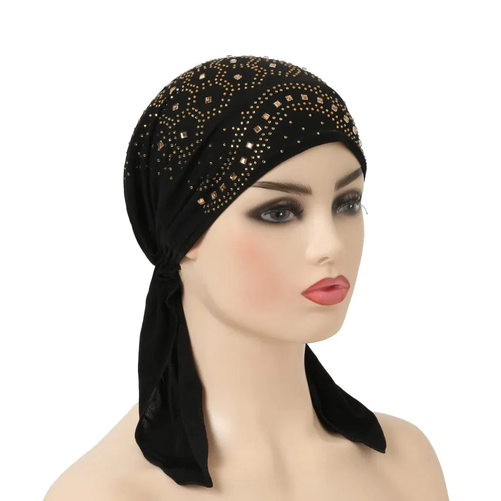 Stone-studded Dengnuoxian H088 fashion turban hijab, Muslim headscarf with decorative stones, stylish Islamic headwrap for women.