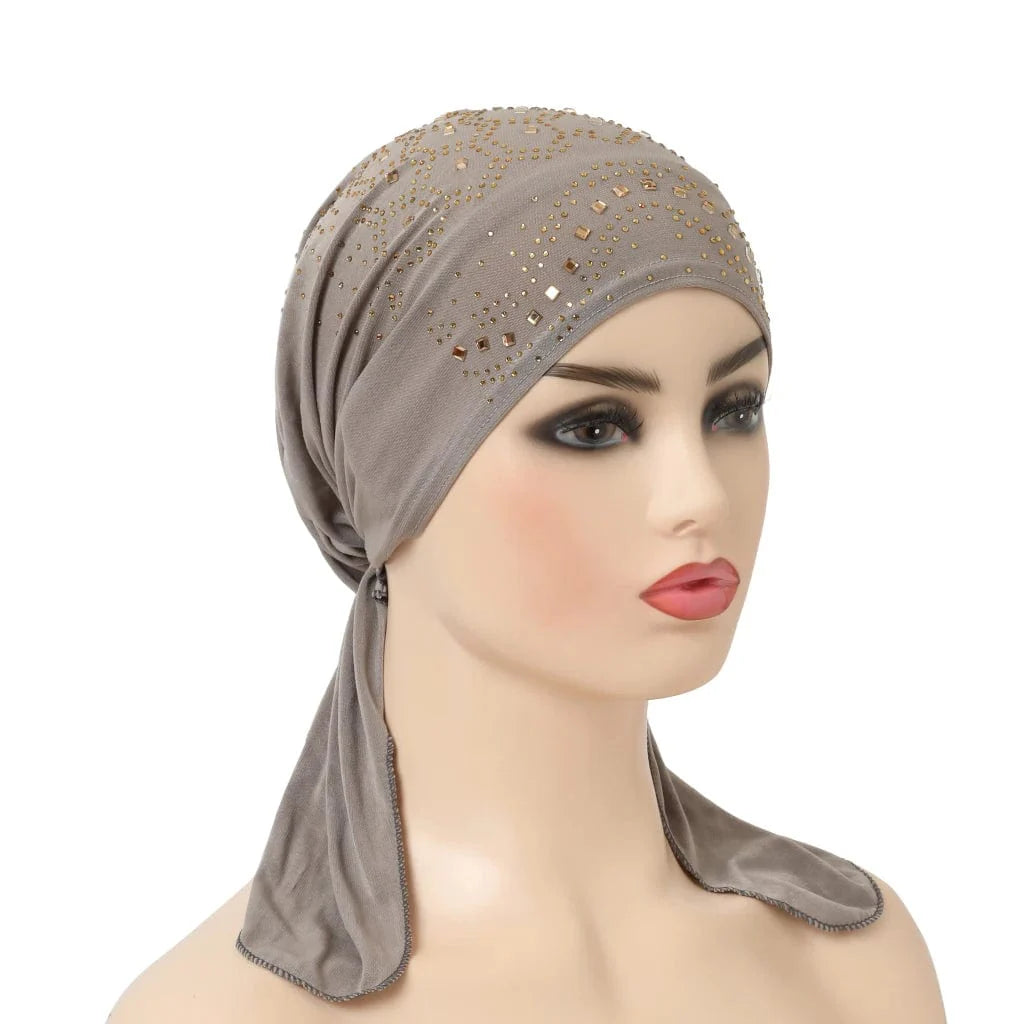 Stone-studded Dengnuoxian H088 fashion turban hijab, Muslim headscarf with decorative stones, Islamic headwrap for women