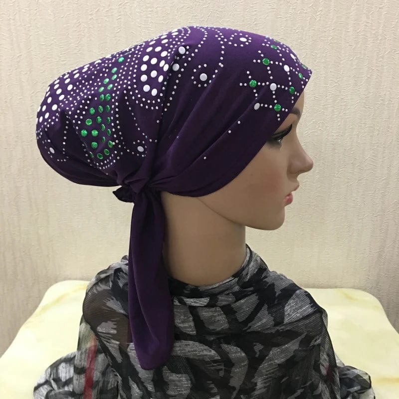 Showlu Fashion gold sequin turban hijab made of linen, stylish Muslim scarf headwrap with pull-on design and elegant gold embellishments.