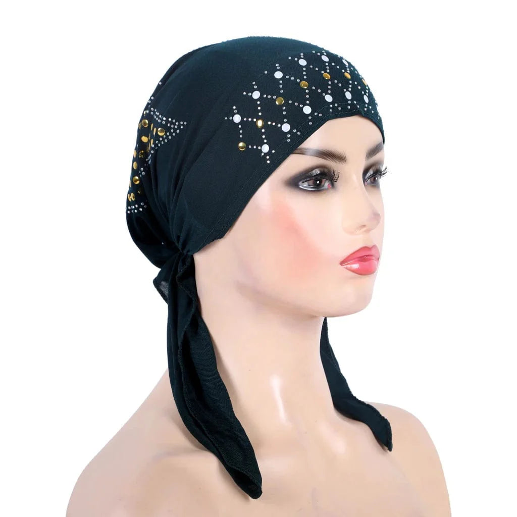 Showlu Fashion gold sequin linen turban hijab, stylish Muslim headwrap with gold embellishments and pull-on design for elegant coverage.
