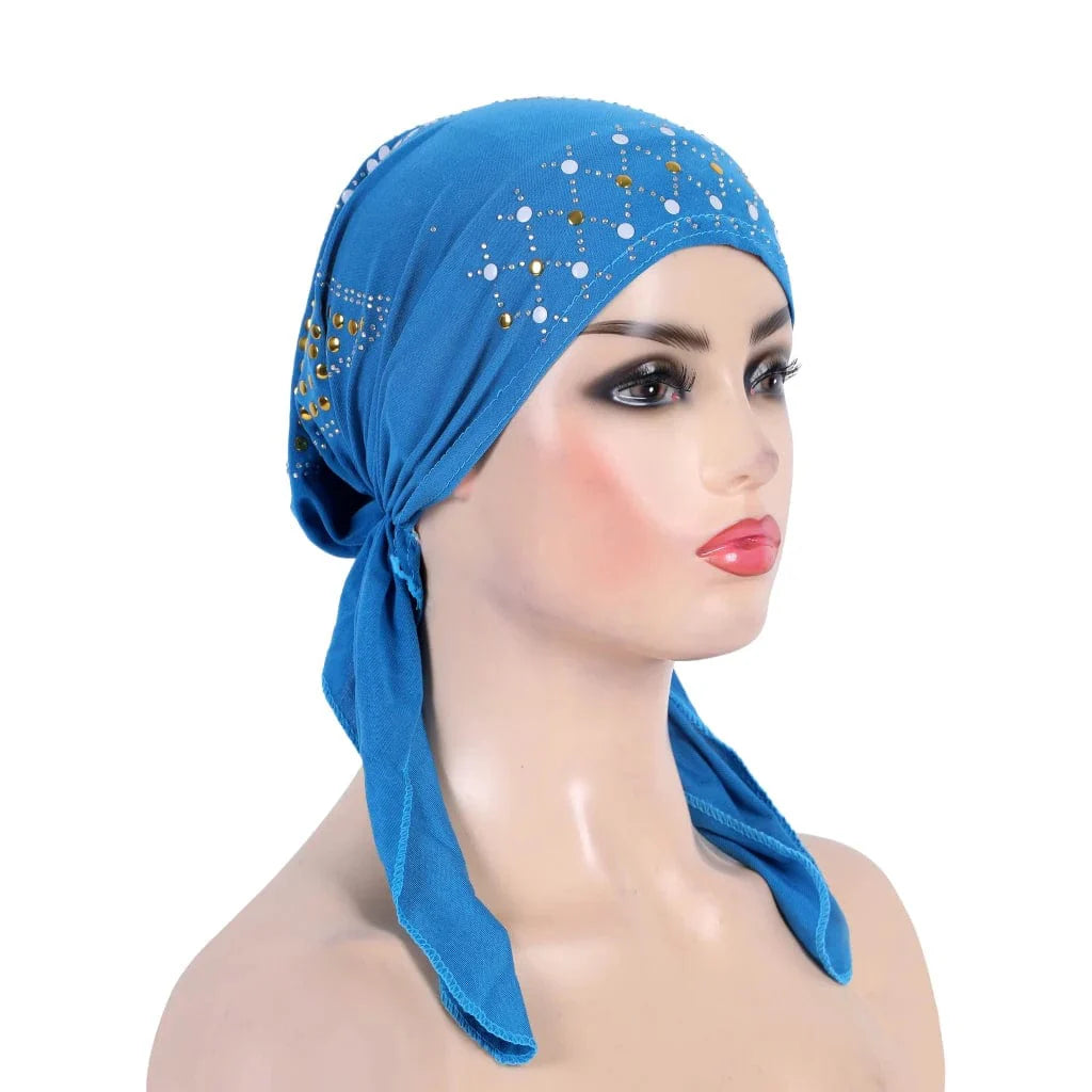 Showlu Fashion gold sequin linen hijab turban headwrap with Islamic style, lightweight and elegant for Muslim women.