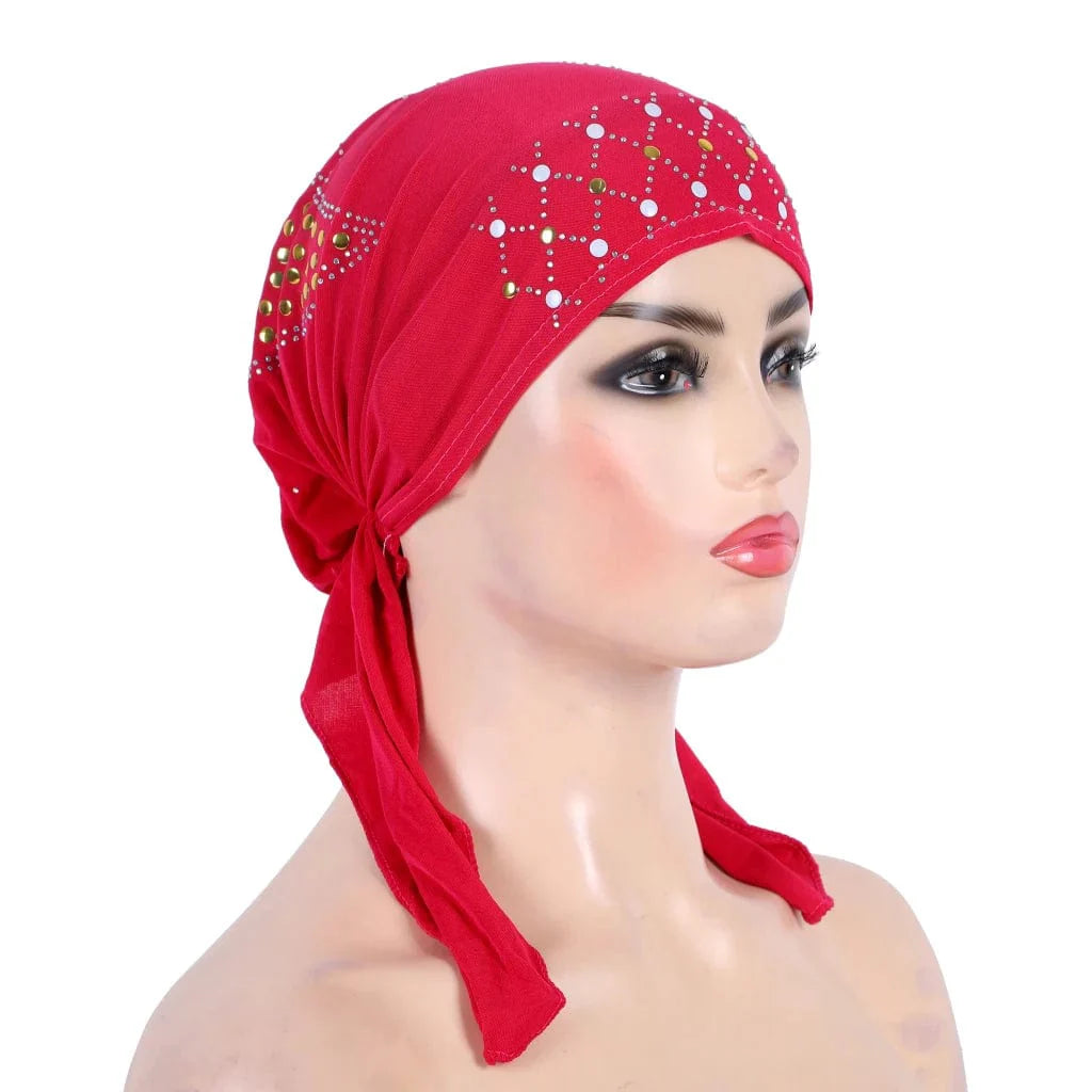 Gold sequin linen turban hijab by Showlu Fashion, stylish Muslim headwrap with pull-on design and elegant embellishments.