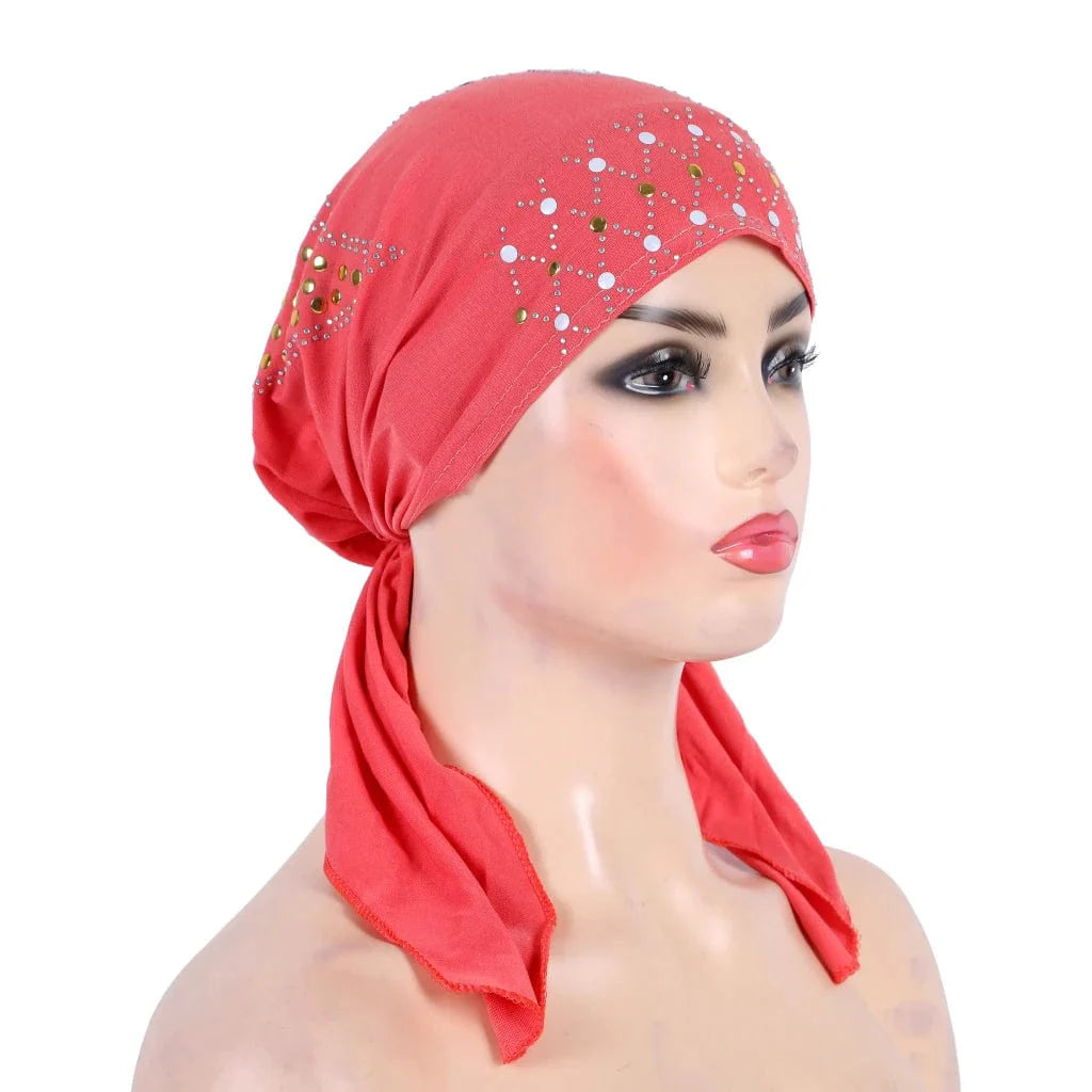 Gold sequin linen turban hijab by Showlu Fashion, stylish Muslim headwrap with elegant embellishments and comfortable pull-on design.