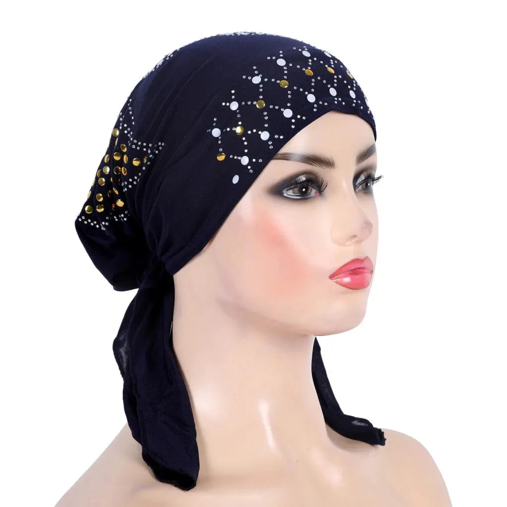 Showlu Fashion gold sequin turban hijab with linen fabric, Muslim scarf headwrap, stylish Islamic head covering with pull-on design