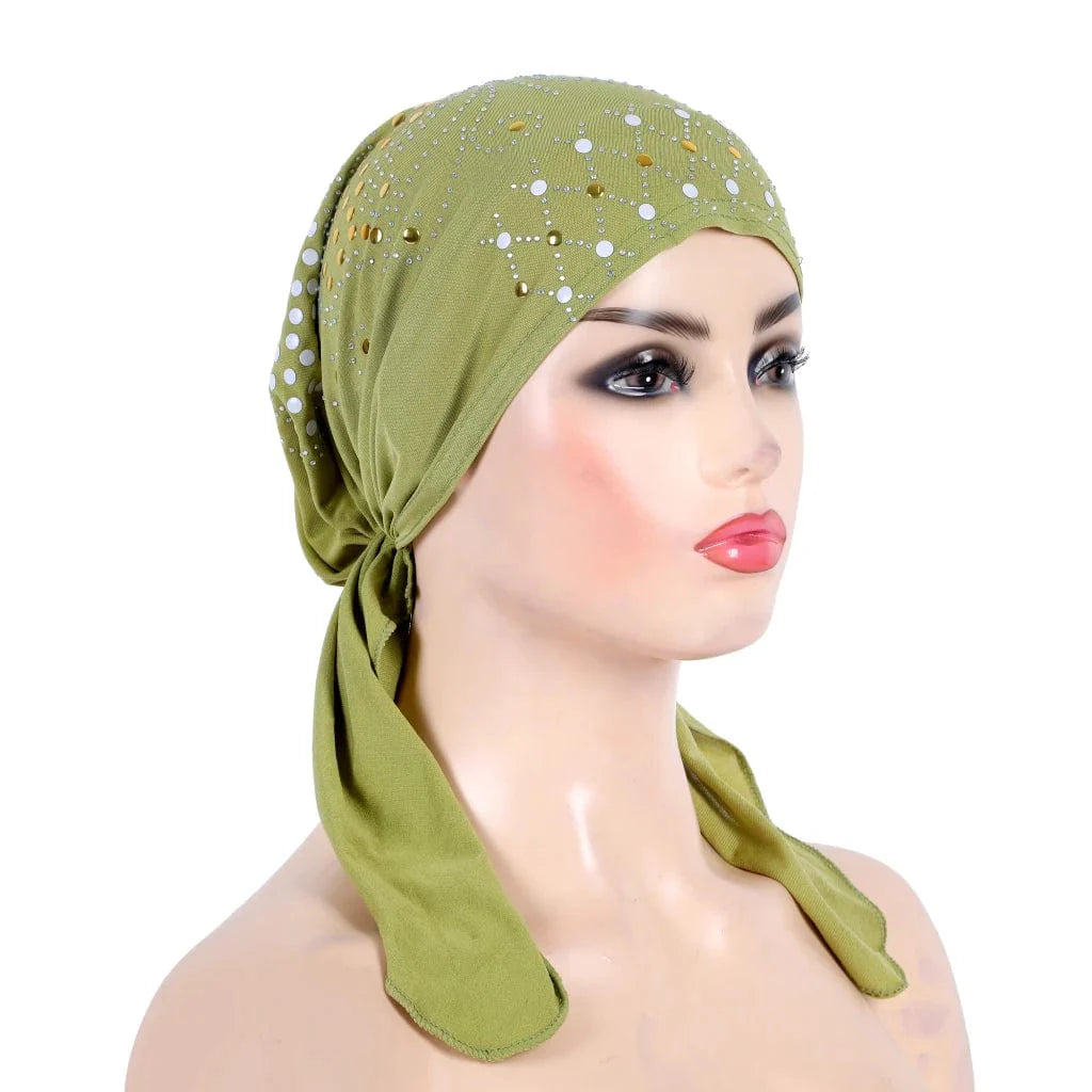 Showlu Fashion gold sequin linen hijab turban headwrap with elegant design, suitable for Muslim women, pull-on style, Islamic headscarf