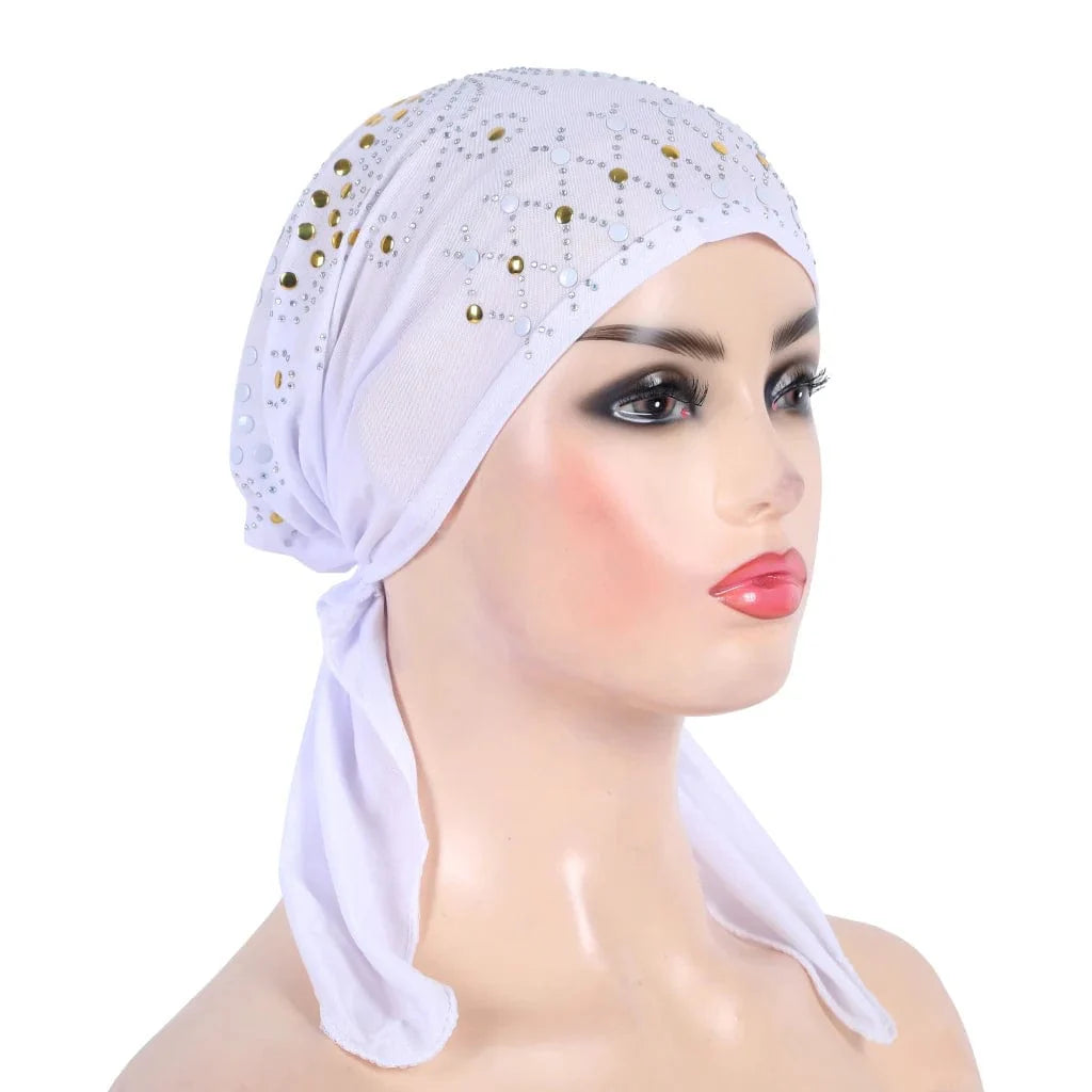 Gold sequin linen turban hijab by Showlu Fashion, stylish Muslim headwrap with elegant sequins and comfortable pull-on design.