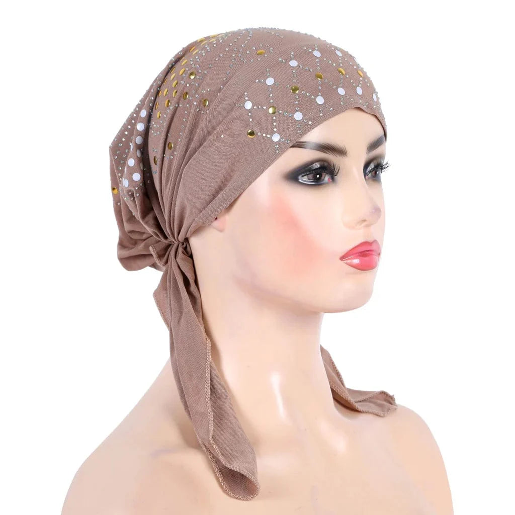 Gold sequin turban hijab by Showlu Fashion, linen Muslim headwrap with elegant design and pull-on style for Islamic attire.
