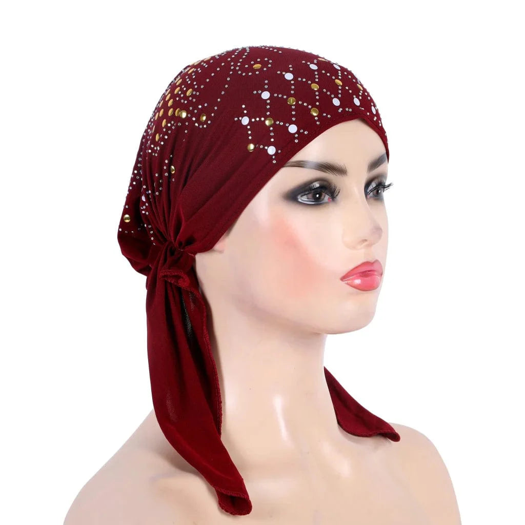 Showlu Fashion gold sequin turban hijab in linen, featuring a stylish Muslim scarf headwrap with decorative gold embellishments.