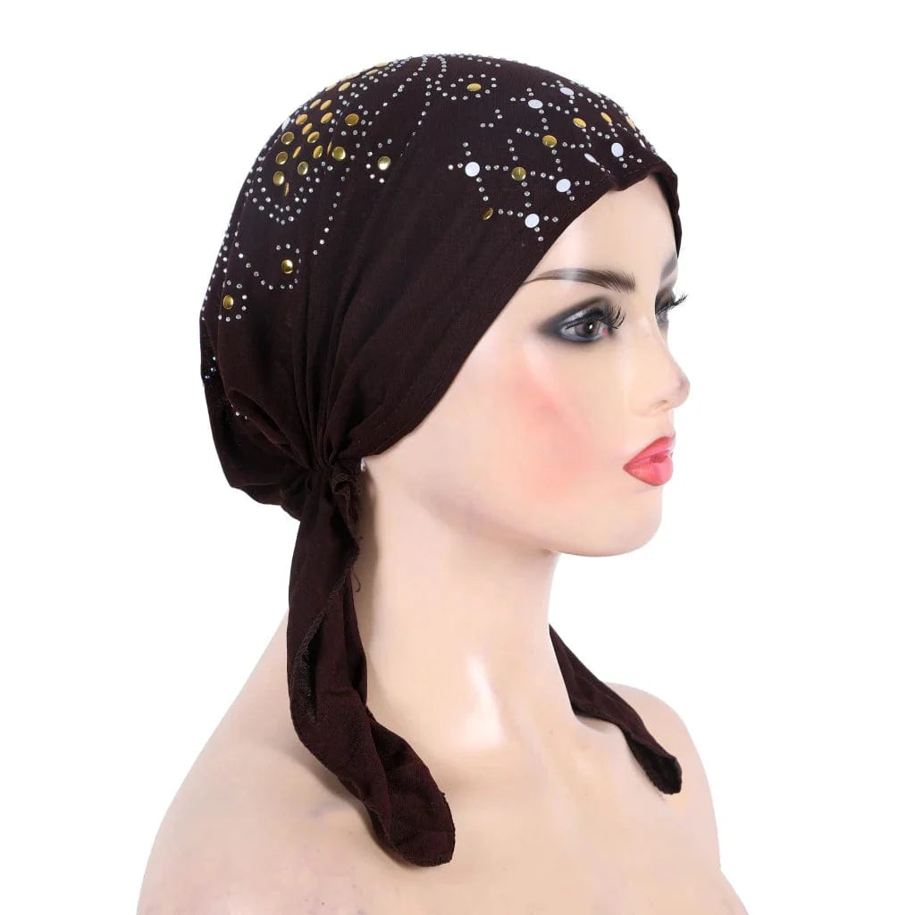 Gold sequin linen turban hijab by Showlu Fashion, stylish Muslim headwrap with a pull-on design and elegant embellishments.