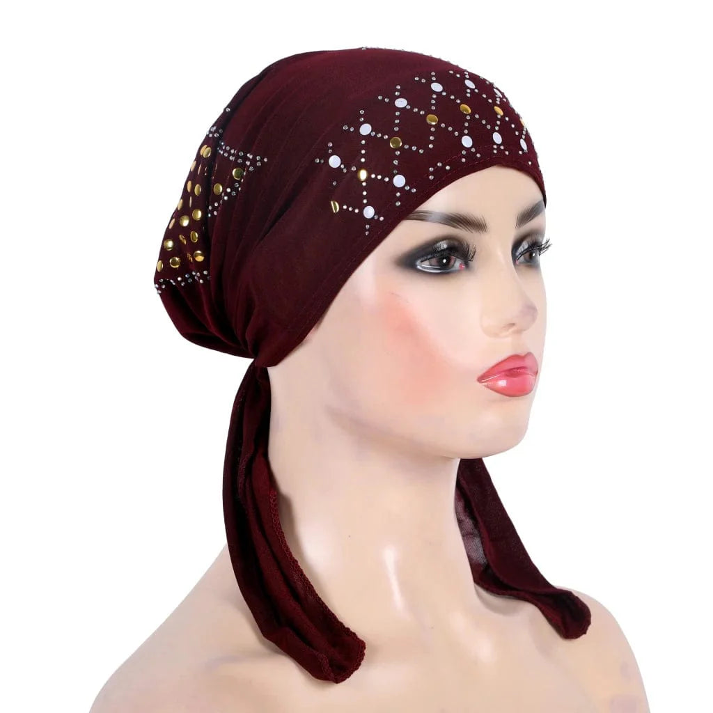 Gold sequin linen turban hijab by Showlu Fashion, stylish Muslim headwrap with a pull-on design and elegant embellishments.