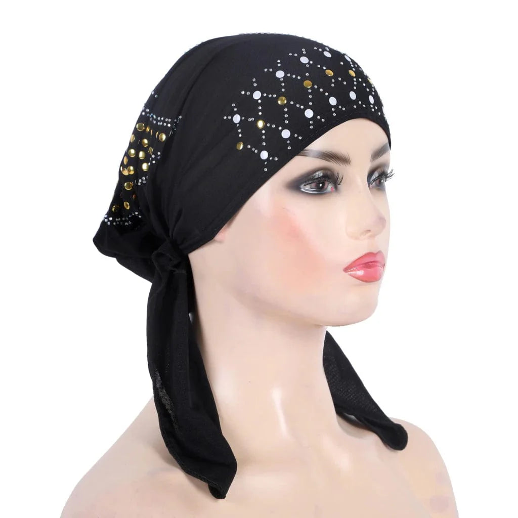 Showlu Fashion gold sequin linen turban hijab, stylish Muslim headwrap with shimmering gold accents and comfortable pull-on design.