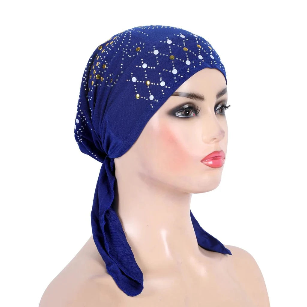 Gold sequin linen turban hijab by Showlu Fashion, stylish Islamic headwrap with elegant gold embellishments and pull-on design.