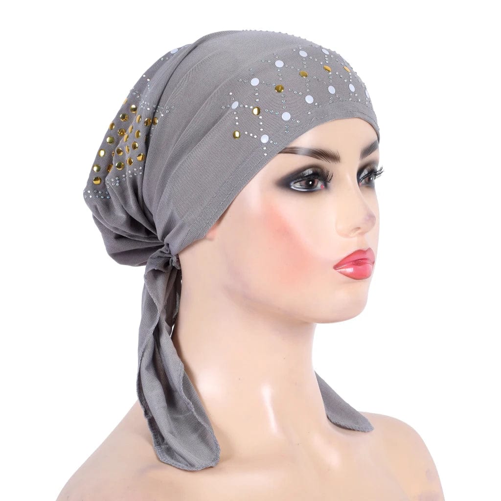 Gold sequin linen turban hijab by Showlu Fashion, stylish Muslim headwrap with elegant sequined design and comfortable pull-on style.