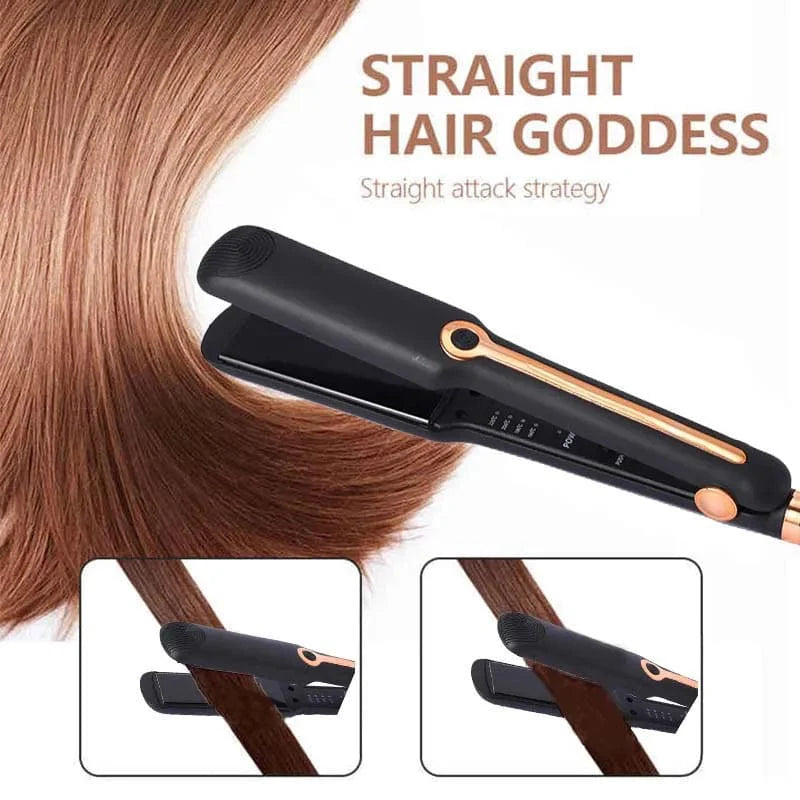 Showlu Professional Tourmaline Ceramic Hair Straightener with wide plates, wet/dry styling, and ionic technology for smooth, sleek hair.
