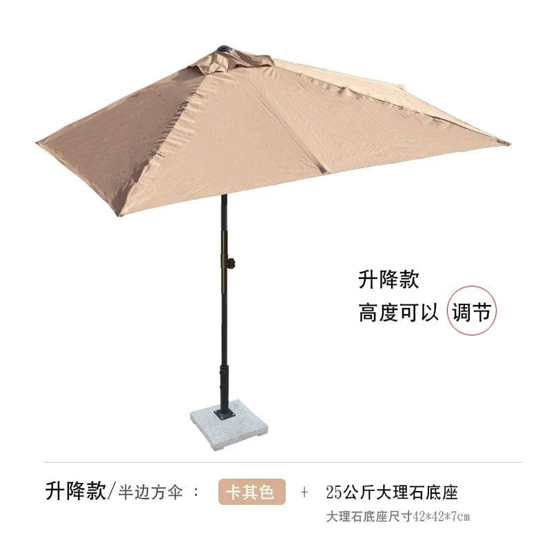 Half outdoor parasol by Showlu Fashion Store mounted on wall, providing shade for balcony or garden with green plants and flowers.