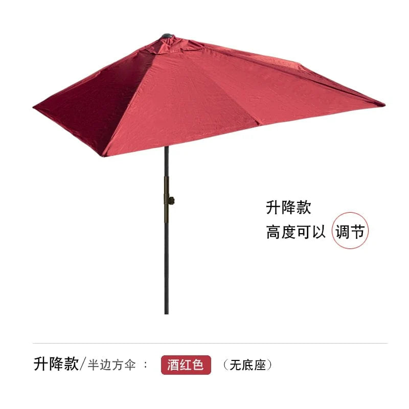 Creek Yueshui Shore Half Outdoor Parasol by Showlu Fashion Store mounted on wall, green leaves and balcony setting, sunshade for outdoor spaces.