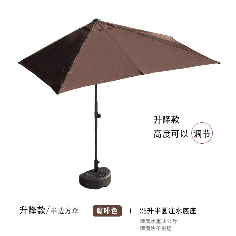 Showlu Fashion Creek Yueshui Shore Half Outdoor Parasol wall-mounted sun umbrella beside a balcony with greenery and flowers.