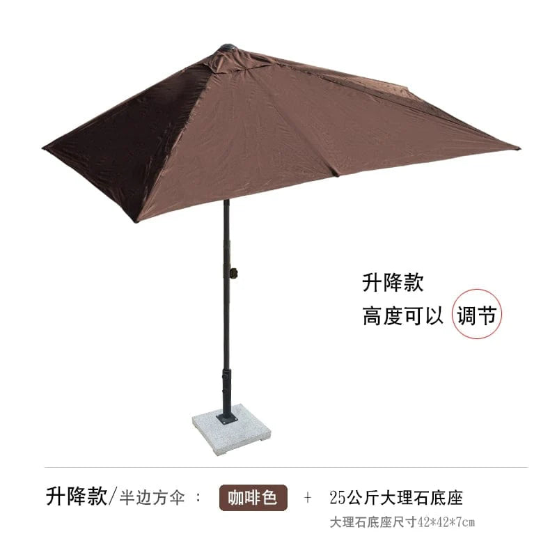 Showlu Fashion Creek Yueshui Shore Half Outdoor Parasol wall-mounted sun umbrella with green plants and outdoor setting.