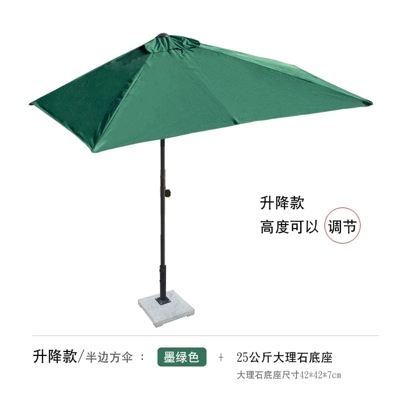 Showlu Fashion Creek Yueshui Shore Half Outdoor Parasol mounted on a wall, providing shade next to a green plant and balcony setting.