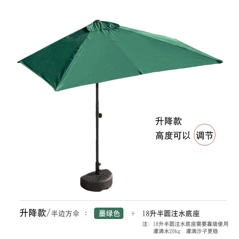 Showlu Fashion Creek Yueshui Shore Half Outdoor Parasol wall-mounted sun umbrella with green plants and balcony setting.