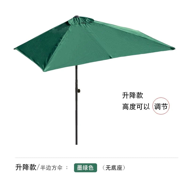 Half outdoor wall-mounted parasol by Showlu Fashion Store, green sunshade with floral garden setting and balcony background.
