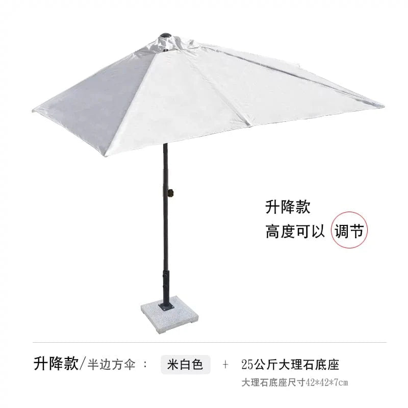Half outdoor wall-mounted parasol by Creek Yueshui Shore, green fabric sunshade with balcony and garden setting.
