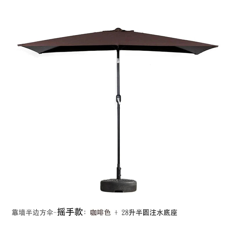 Showlu Fashion Creek Yueshui Shore Half Outdoor Parasol wall-mounted sun umbrella with green plants and balcony setting.