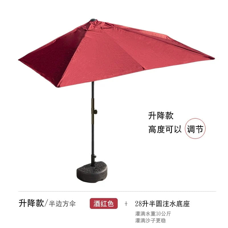 Showlu Fashion Creek Yueshui Shore Half Outdoor Parasol wall-mounted sun umbrella with green plant and outdoor seating setting.