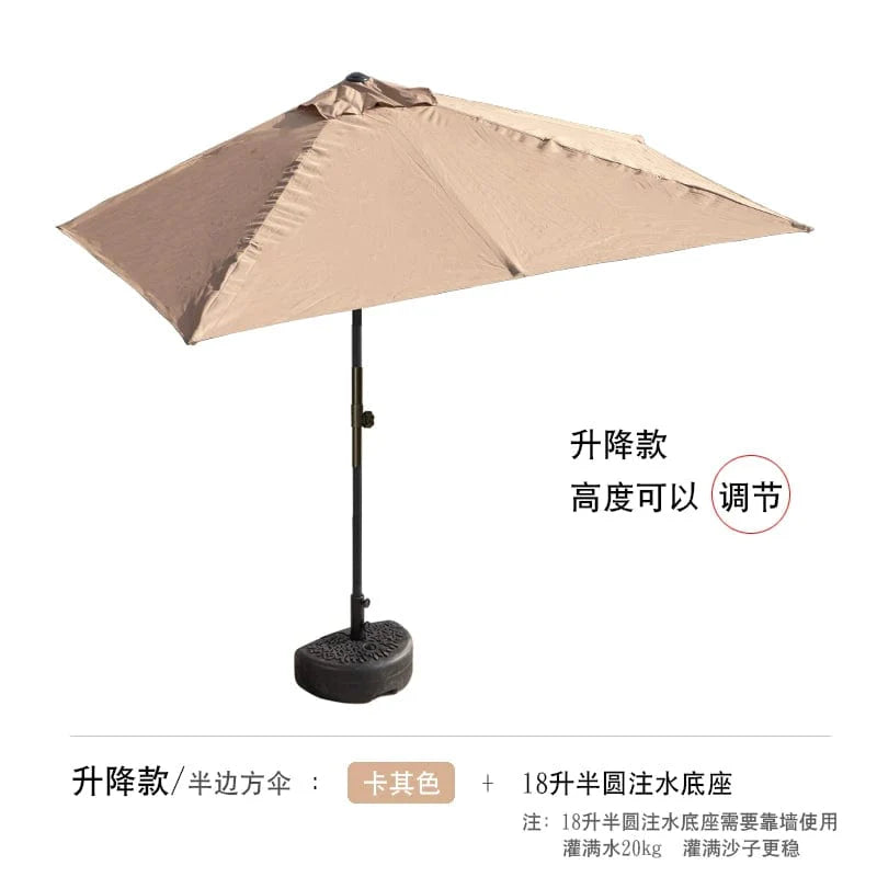 Half outdoor parasol wall-mounted sun umbrella by Showlu Fashion Store, green fabric shade with a balcony and garden setting.
