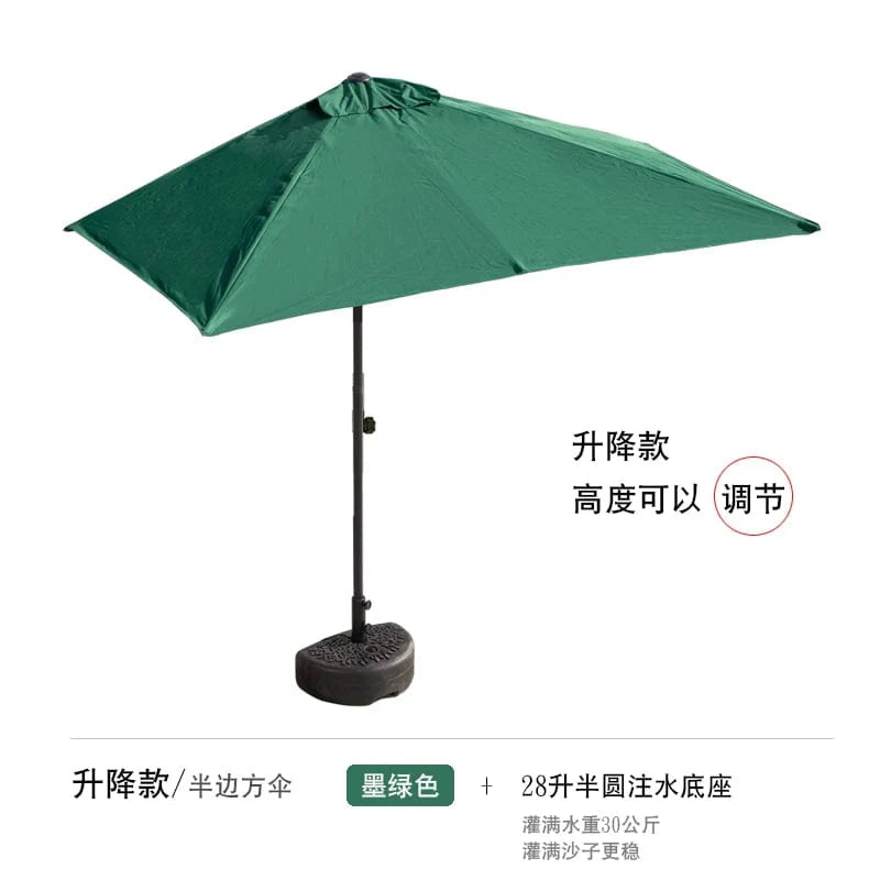 Showlu Fashion Creek Yueshui Shore Half Outdoor Parasol wall-mounted sun umbrella with green plant and garden setting.