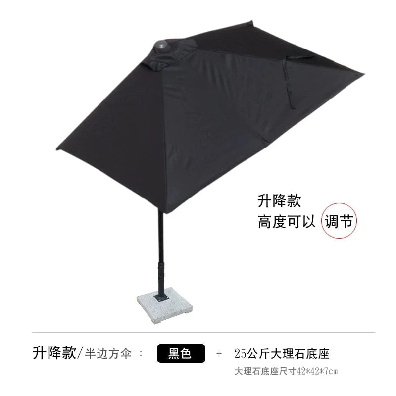 Showlu Fashion Creek Yueshui Shore Half Outdoor Parasol wall-mounted sun umbrella with green plants and outdoor seating area.