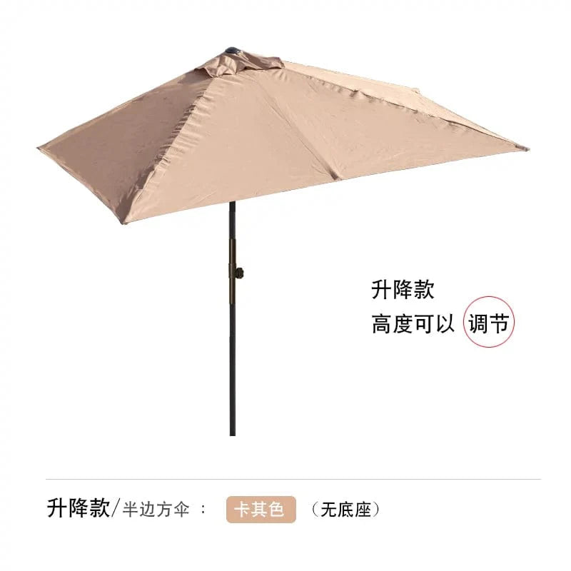 Showlu Fashion Creek Yueshui Shore Half Outdoor Parasol wall-mounted sun umbrella with green plants, ideal for balconies and garden shading.