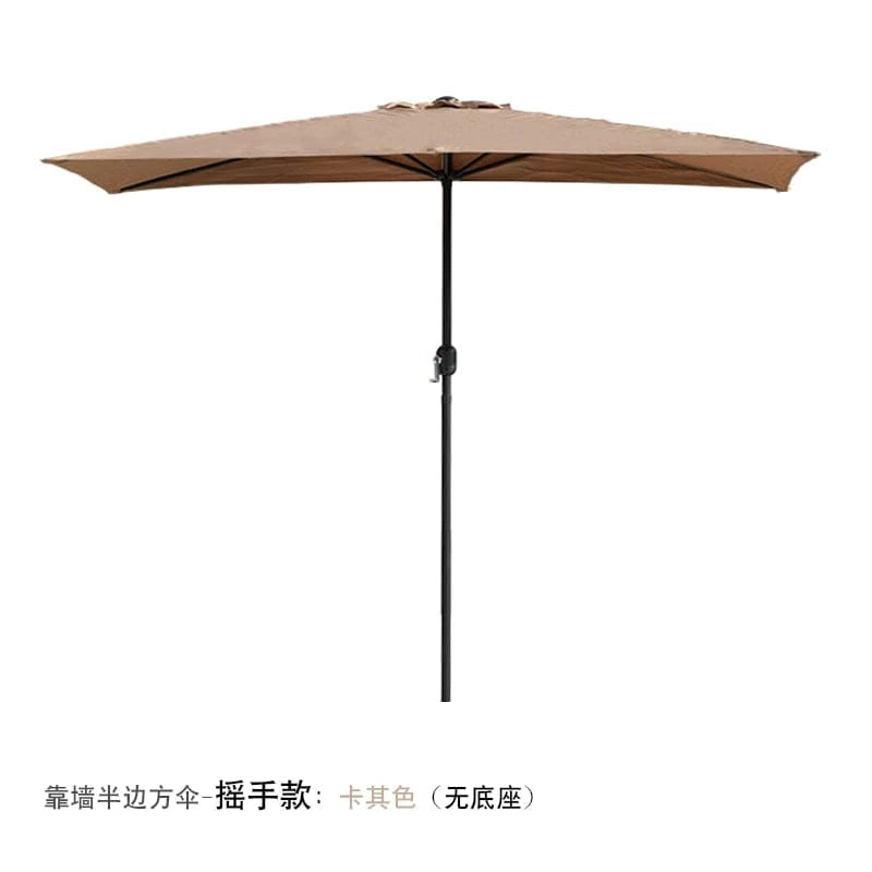 Showlu Fashion Creek Yueshui Shore Half Outdoor Parasol wall-mounted sun umbrella with green plant and outdoor cafe setting.