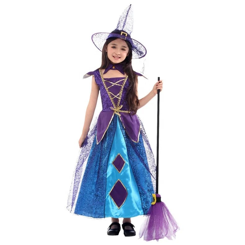 Girl wearing Showlu Fashion witch Halloween cosplay costume with a black dress and witch hat, perfect for kids' Halloween celebrations.