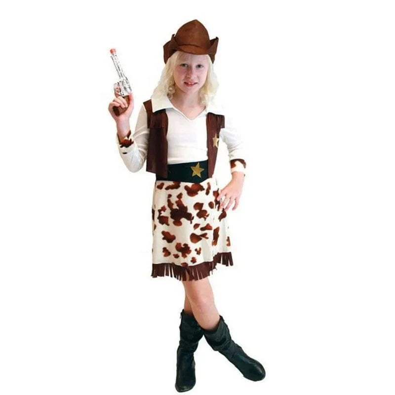 Girl wearing a Showlu Fashion witch Halloween cosplay costume, featuring a black dress with colorful accents and a matching witch hat.