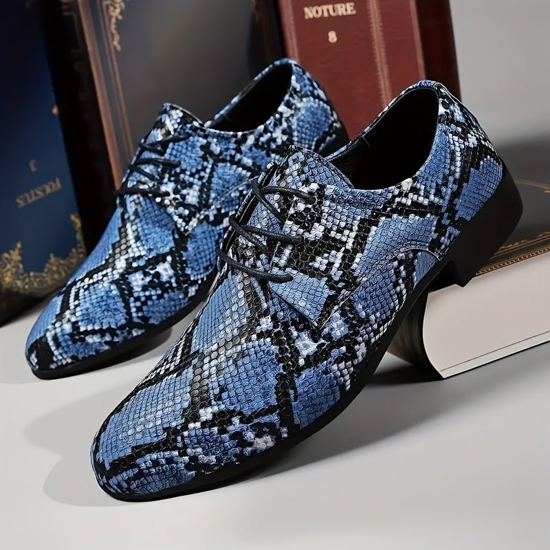 SHOWLU Snake Pattern Embossed Oxfords in gray and black, handcrafted dress shoes with lace-up closure and durable rubber sole.