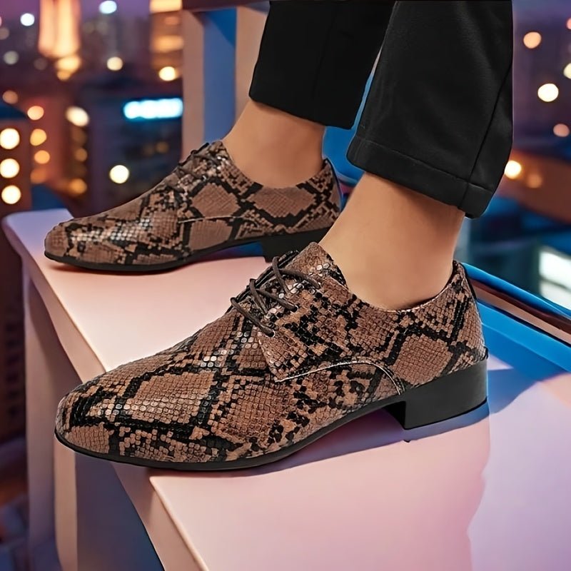 SHOWLU Snake Pattern Embossed Oxfords, handcrafted lace-up dress shoes with durable rubber soles in gray and black.