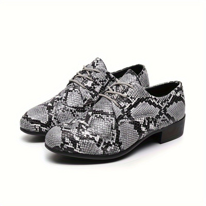SHOWLU Snake Pattern Embossed Oxfords, handcrafted lace-up dress shoes with durable rubber soles in gray and black.