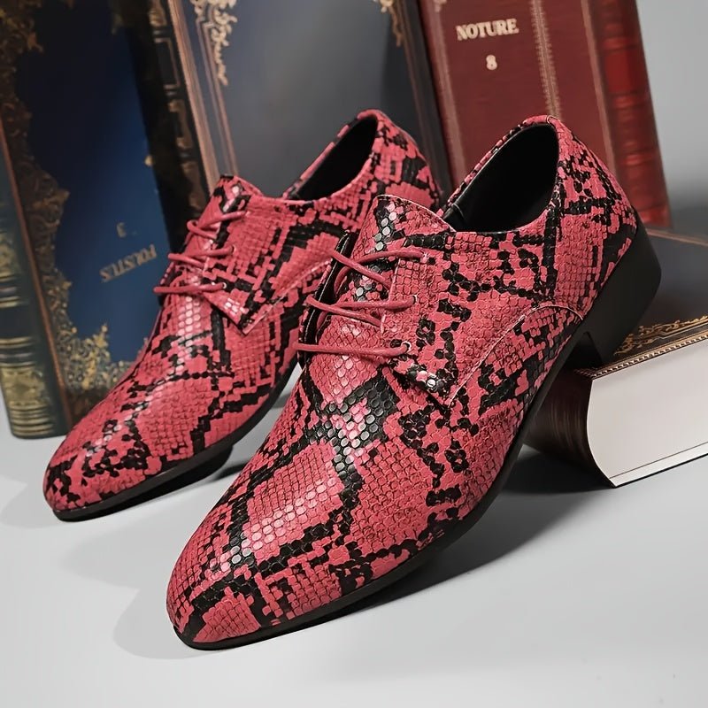 SHOWLU Snake Pattern Embossed Oxfords featuring handcrafted design, lace-up style, durable rubber sole, in gray and black for casual or business wear.