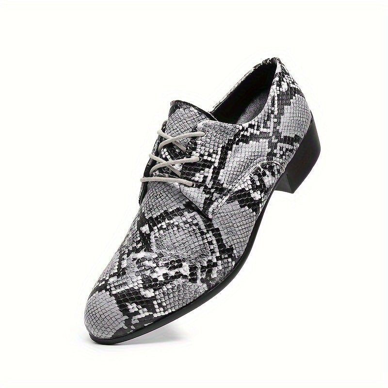 SHOWLU Snake Pattern Embossed Oxfords, handcrafted lace-up dress shoes with durable rubber soles in gray and black.