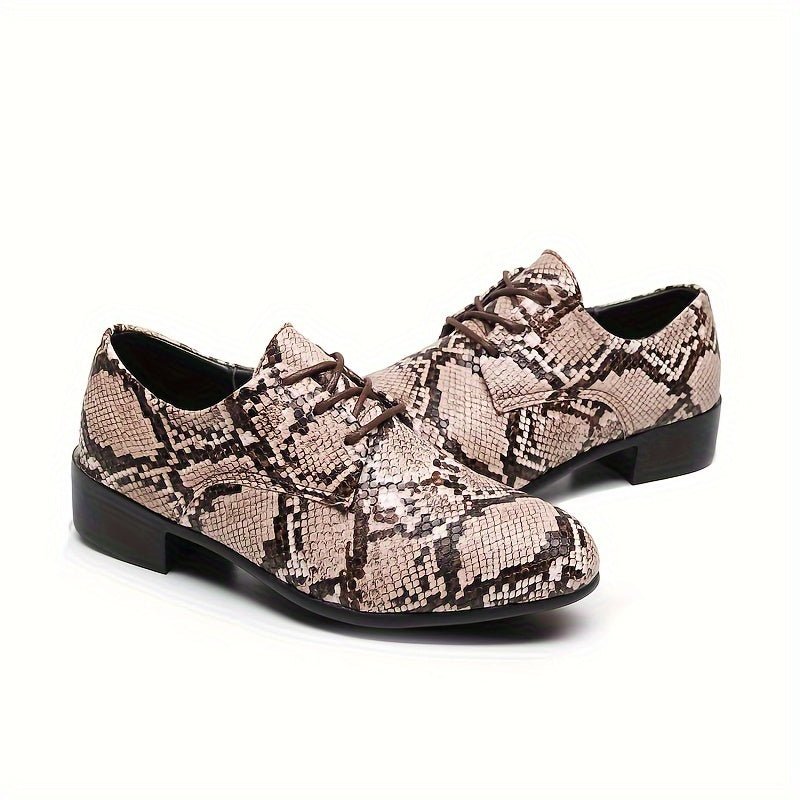 SHOWLU Snake Pattern Embossed Oxfords, handcrafted lace-up dress shoes with durable rubber soles in gray and black for casual or business wear.