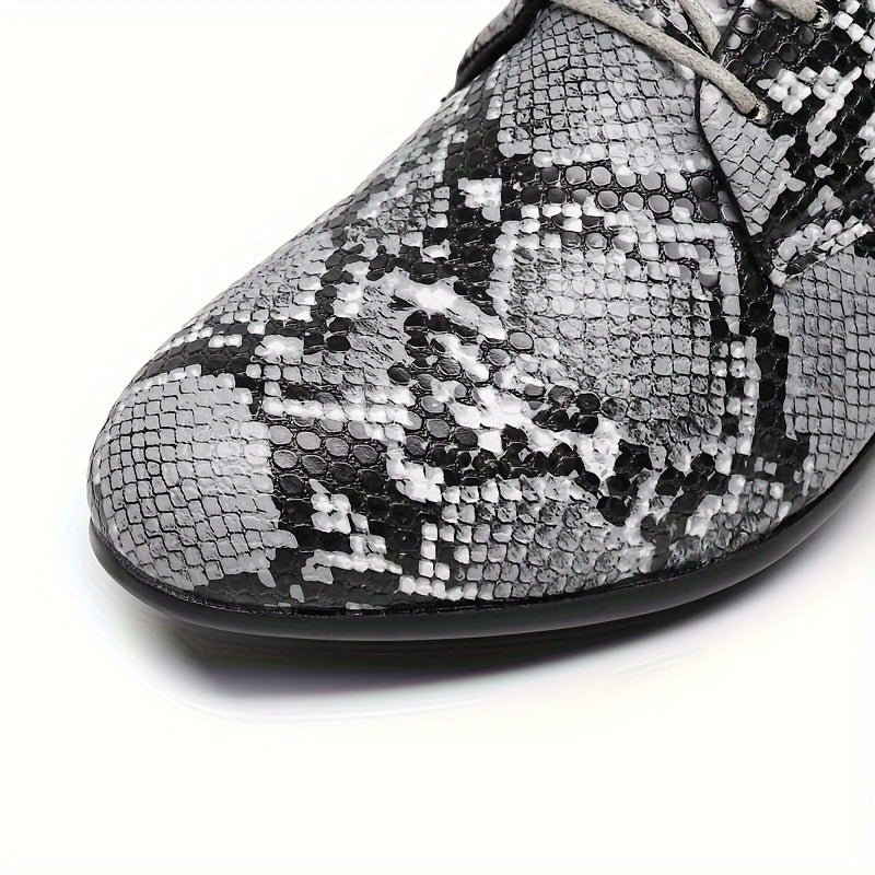 SHOWLU Snake Pattern Embossed Oxfords in gray and black, handcrafted dress shoes with lace-up design and durable rubber sole.