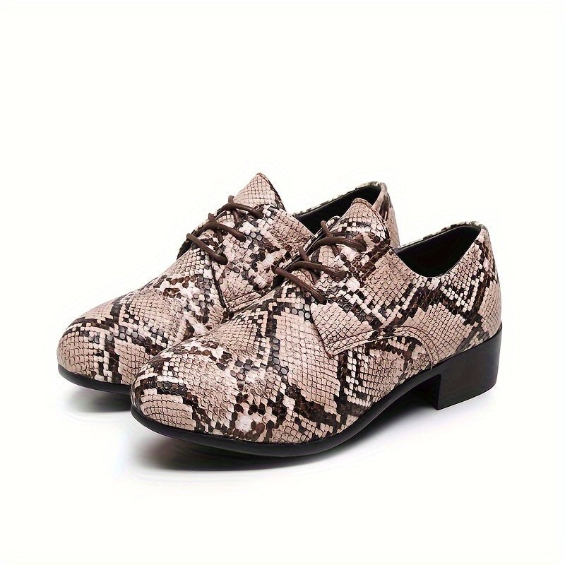 SHOWLU Snake Pattern Embossed Oxfords, handcrafted lace-up dress shoes with durable rubber soles in gray and black.