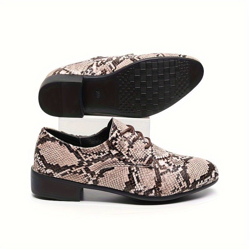 SHOWLU Snake Pattern Embossed Oxfords, handcrafted men's dress shoes with lace-up design, durable rubber sole in gray and black.