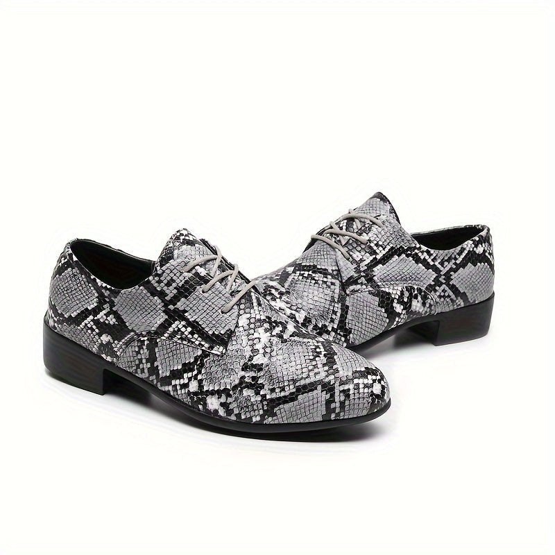 SHOWLU Snake Pattern Embossed Oxfords, handcrafted lace-up dress shoes with durable rubber soles in gray and black.