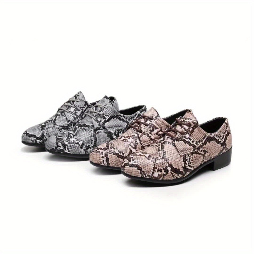 SHOWLU Snake Pattern Embossed Oxfords in gray and black, handcrafted dress shoes with lace-up design and durable rubber sole.