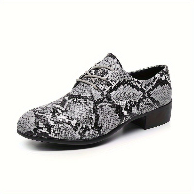SHOWLU Snake Pattern Embossed Oxfords, handcrafted lace-up dress shoes with durable rubber soles in gray and black for casual or business wear.