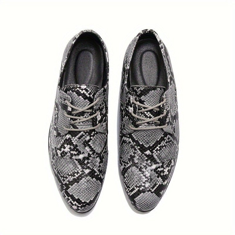 SHOWLU Snake Pattern Embossed Oxfords with lace-up design, handcrafted dress shoes in gray and black with durable rubber sole.