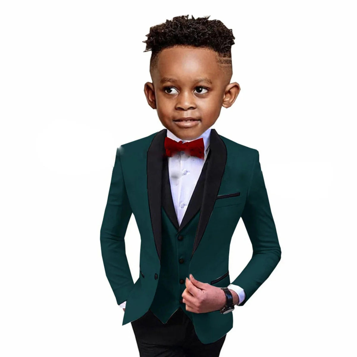 SHOWLU Boys 3-piece formal suit with spliced shawl lapel, vest, and pants, ideal for wedding or party occasions.